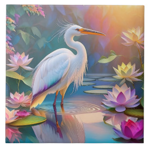 Orange Billed White Heron Fantasy Bird Ceramic Tile
