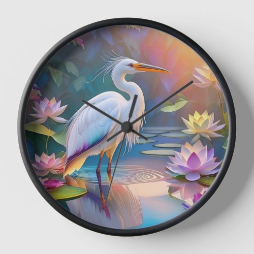 Orange Billed White Heron Fantasy Bird  Clock