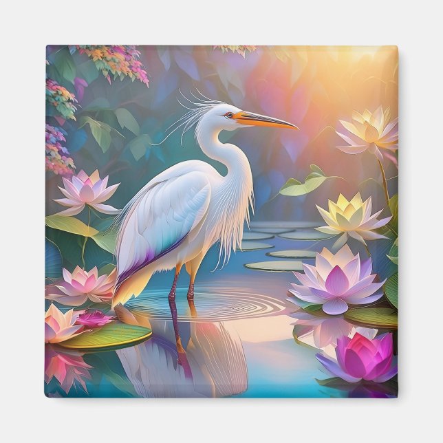 Orange Billed White Heron Fantasy Bird  Magnet (Front)