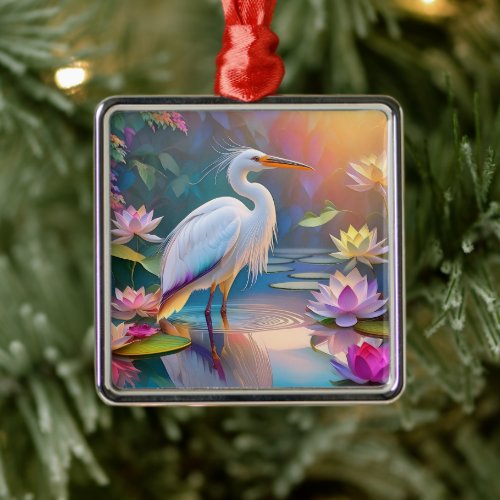 Orange Billed White Heron Fantasy Bird  Metal Ornament