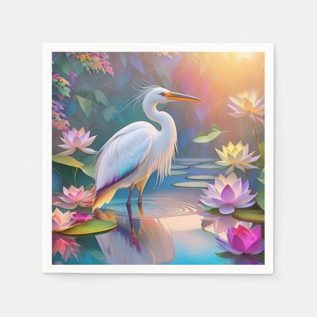 Orange Billed White Heron Fantasy Bird  Napkins (Front)