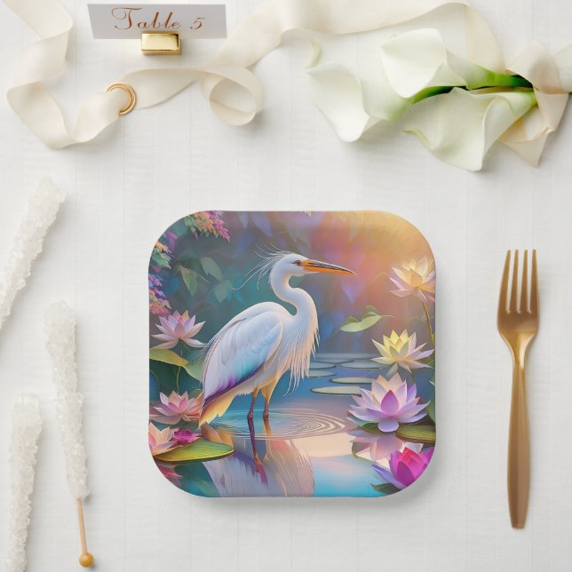 Orange Billed White Heron Fantasy Bird  Paper Plates (Wedding)