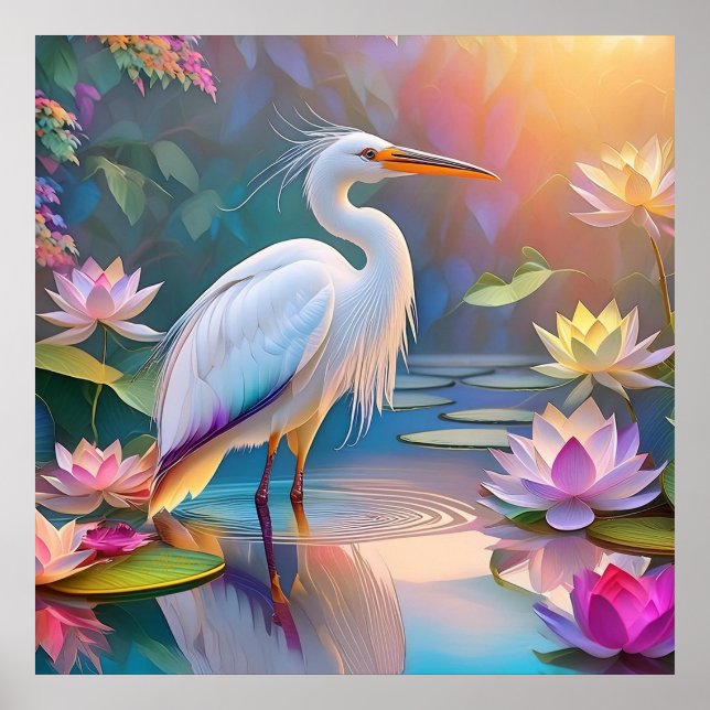 Orange Billed White Heron Fantasy Bird  Poster (Front)
