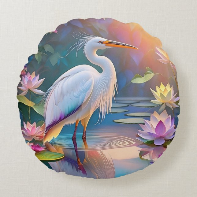 Orange Billed White Heron Fantasy Bird  Round Pillow (Front)