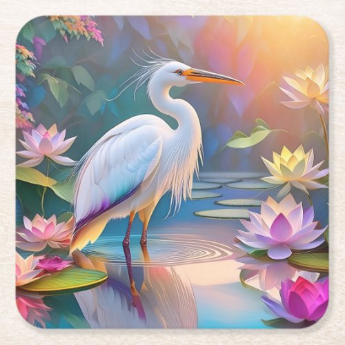 Orange Billed White Heron Fantasy Bird  Square Paper Coaster