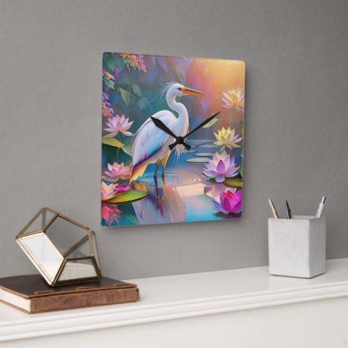 Orange Billed White Heron Fantasy Bird  Square Wall Clock