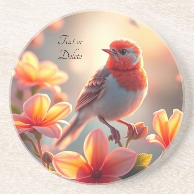 Orange Bird Floral Sandstone Coaster (Front)