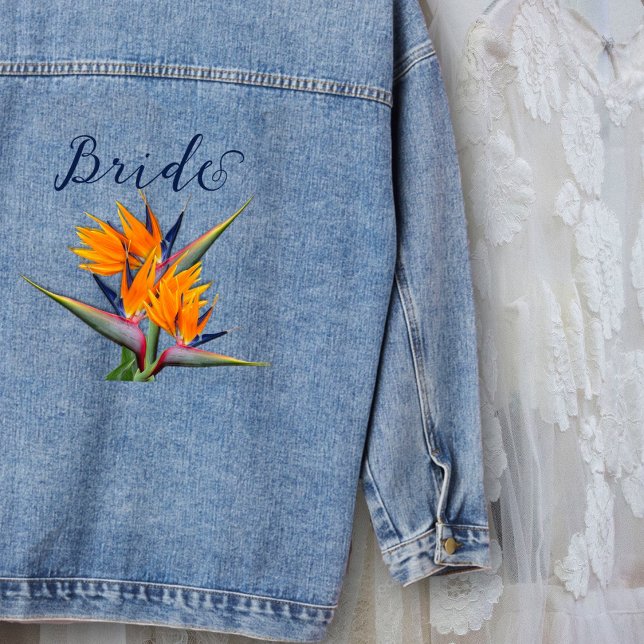 Orange Bird of Paradise Flowers Brides Denim Jacket (Creator Uploaded)