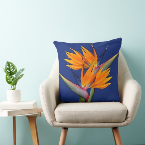 Orange Bird of Paradise Navy Throw Pillow