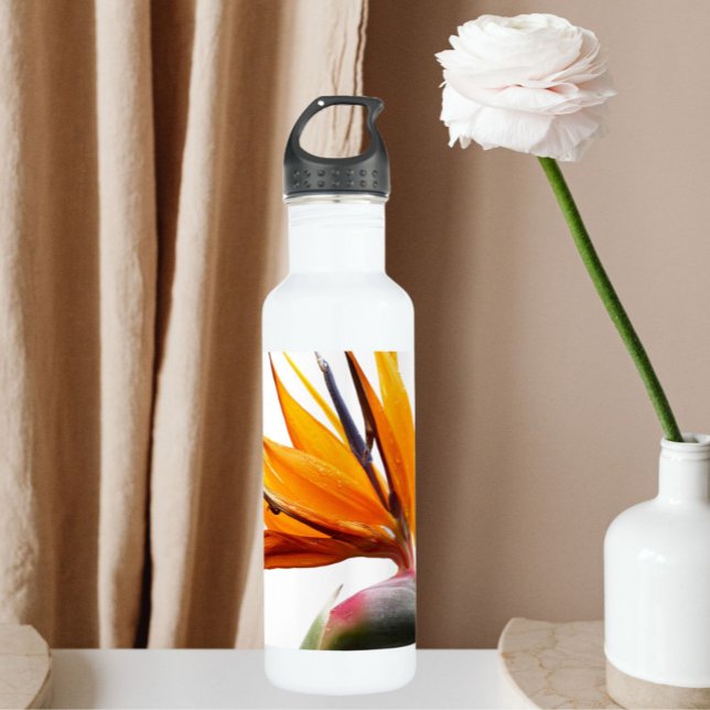 Orange Bird of Paradise Plant on White Stainless Steel Water Bottle (In Situ)