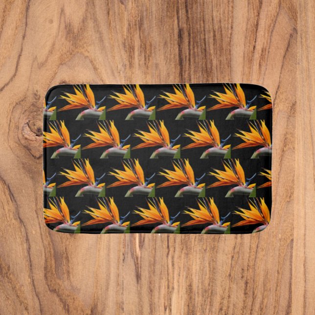 Orange Bird of Paradise Plant Pattern on Black Bath Mat (In Situ)