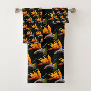 Orange Bird of Paradise Plant Pattern on Black Bath Towel Set