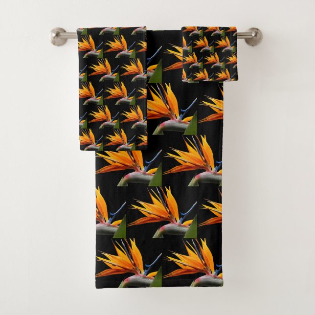 Orange Bird of Paradise Plant Pattern on Black Bath Towel Set (Insitu)