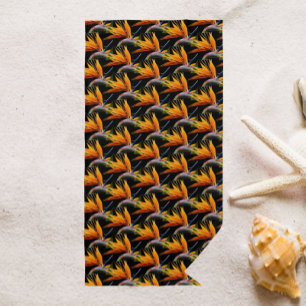 Orange Bird of Paradise Plant Pattern on Black Beach Towel