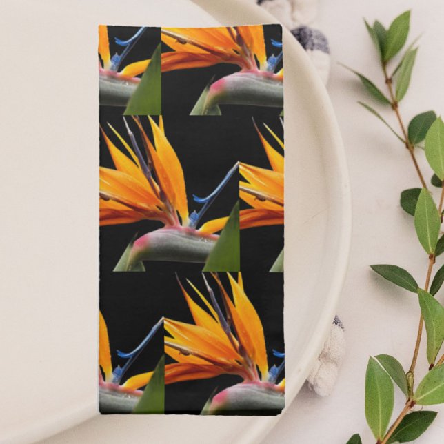 Orange Bird of Paradise Plant Pattern on Black Cloth Napkin (In Situ)