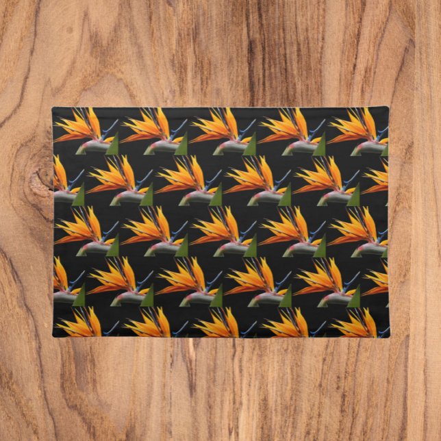 Orange Bird of Paradise Plant Pattern on Black Cloth Placemat (In Situ)