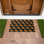Orange Bird of Paradise Plant Pattern on Black Doormat