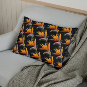 Orange Bird of Paradise Plant Pattern on Black Pillow Case
