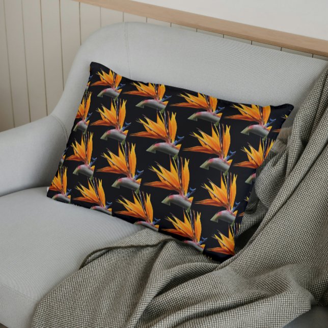Orange Bird of Paradise Plant Pattern on Black Pillow Case (In Situ)