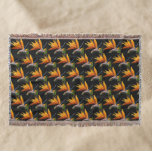 Orange Bird of Paradise Plant Pattern on Black Throw Blanket