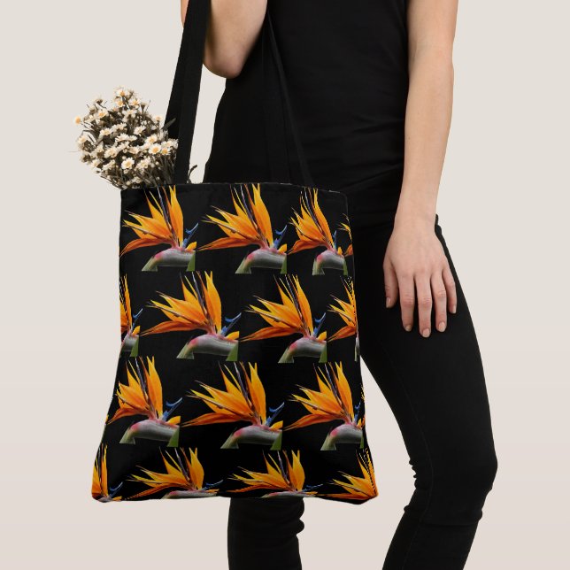 Orange Bird of Paradise Plant Pattern on Black Tote Bag (Close Up)