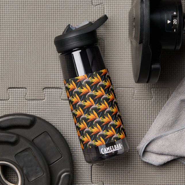 Orange Bird of Paradise Plant Pattern on Black Water Bottle (Gym (Rotated))