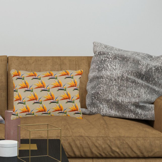 Orange Bird of Paradise Plant Pattern on Khaki Accent Pillow (In Situ)