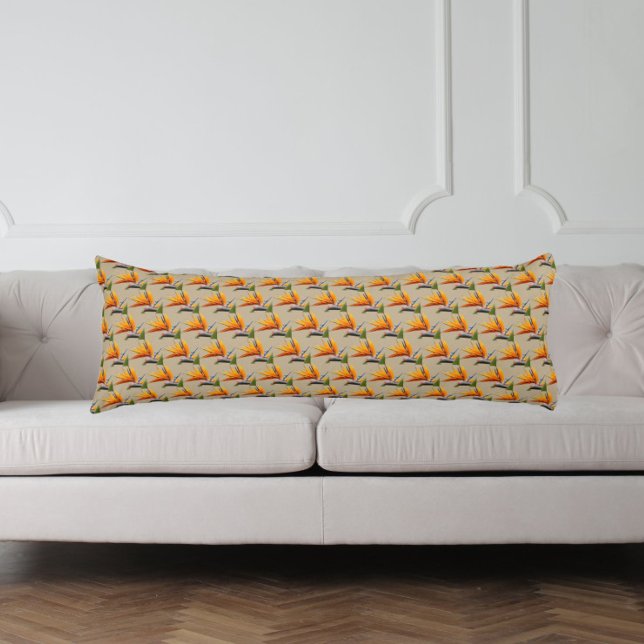 Orange Bird of Paradise Plant Pattern on Khaki Body Pillow (In Situ)