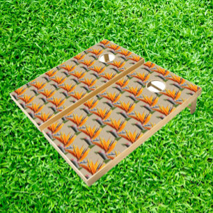 Orange Bird of Paradise Plant Pattern on Khaki Cornhole Set