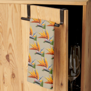 Orange Bird of Paradise Plant Pattern on Khaki Kitchen Towel