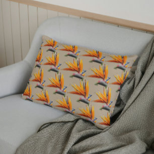 Orange Bird of Paradise Plant Pattern on Khaki Pillow Case