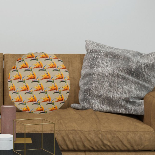 Orange Bird of Paradise Plant Pattern on Khaki Round Pillow (In Situ)
