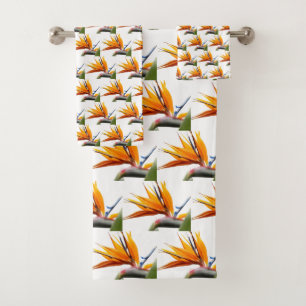 Orange Bird of Paradise Plant Pattern on White Bath Towel Set