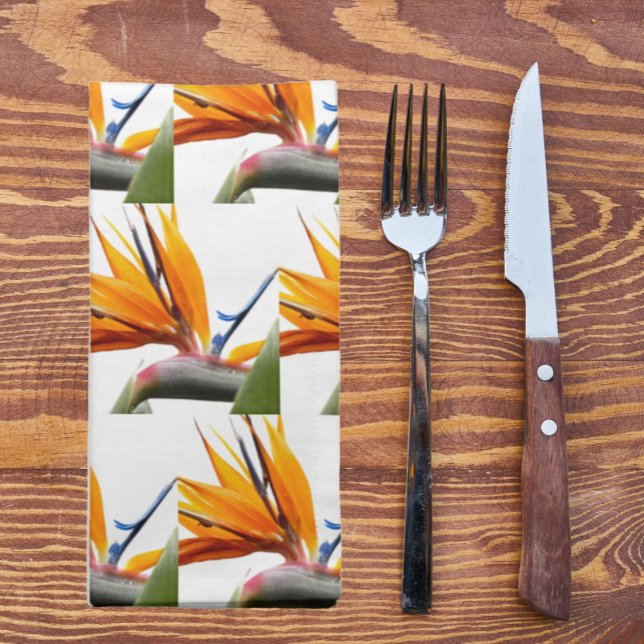 Orange Bird of Paradise Plant Pattern on White Cloth Napkin (In Situ)
