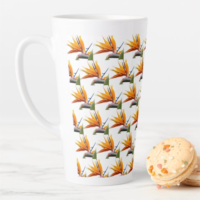 Orange Bird of Paradise Plant Pattern on White Latte Mug (In Situ)