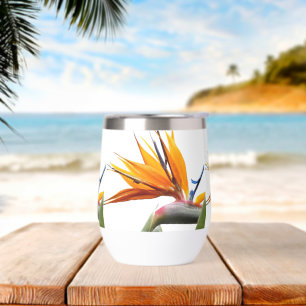 Orange Bird of Paradise Plant Pattern on White Thermal Wine Tumbler