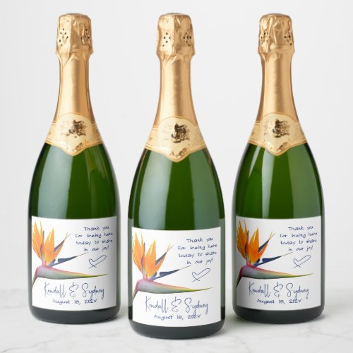 Orange Bird of Paradise Wedding Sparkling Wine Label