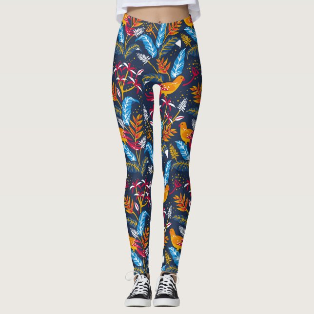 Orange Birds and Botanical Ferns Whimsical Leggings (Front)