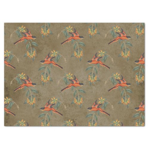 Orange Birds and Yellow Flowers on Brown Decoupage Tissue Paper