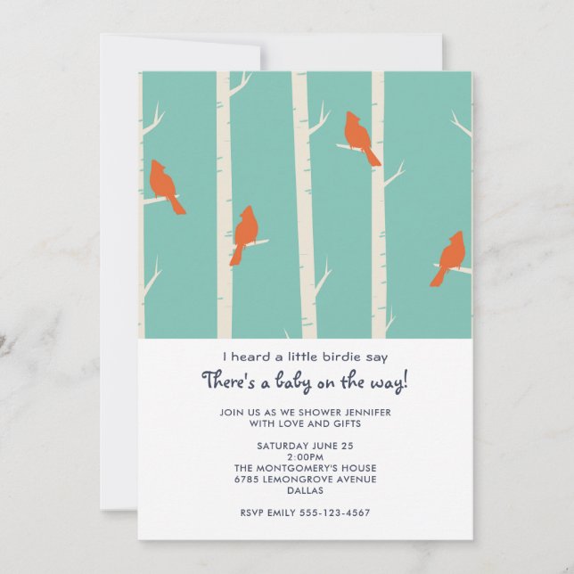 Orange Birds on Birch Tree Baby Shower Invitation (Front)