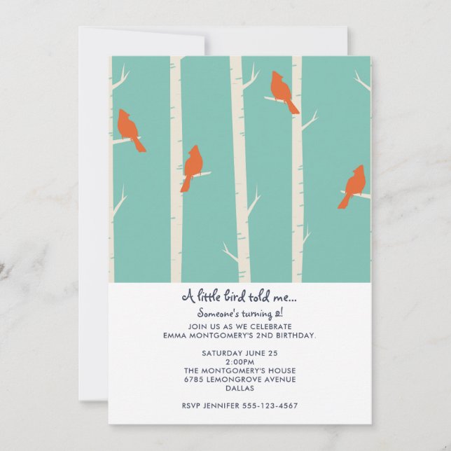 Orange Birds on Birch Tree Illustration Birthday Invitation (Front)