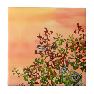 Orange Birds Rabbit Autumn Foliage Tile