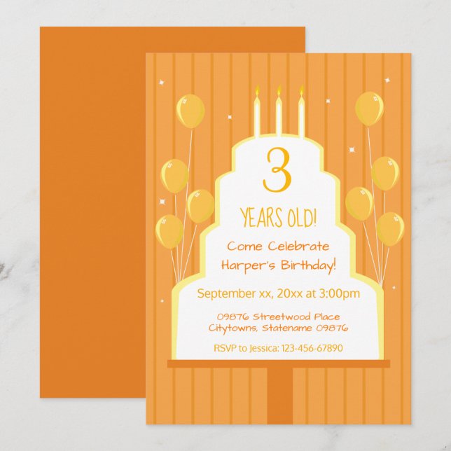Orange Birthday Cake and Balloons | Invitation (Front/Back)