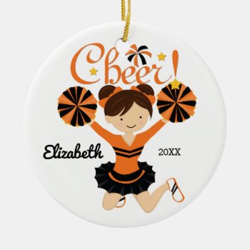 Orange & Bla Cheer Dark Hair Cheerleader Ornament by celebrateitornaments at Zazzle