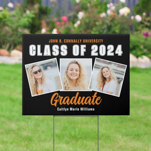 Orange Black 2024 Graduation Photo Collage Yard Sign