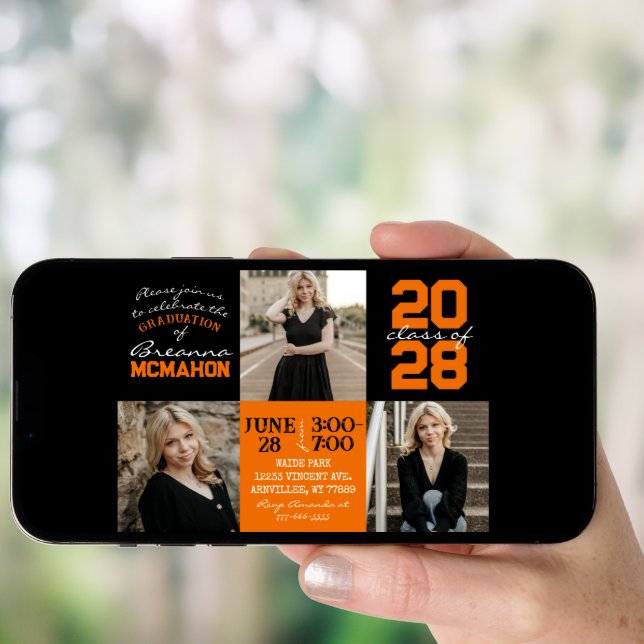 Orange & Black 3 Photo Graduation Invitation (Front Digital)
