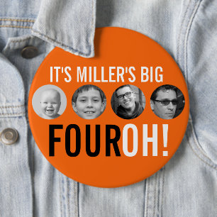 Orange black 40th Four OH! photo fortieth birthday Button