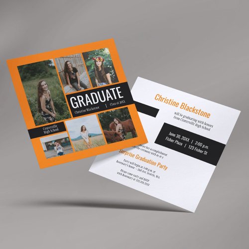 Orange  Black 6 Photo Graduation Invitation