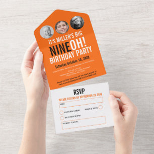 Orange black 90th Birthday party custom photos All In One Invitation