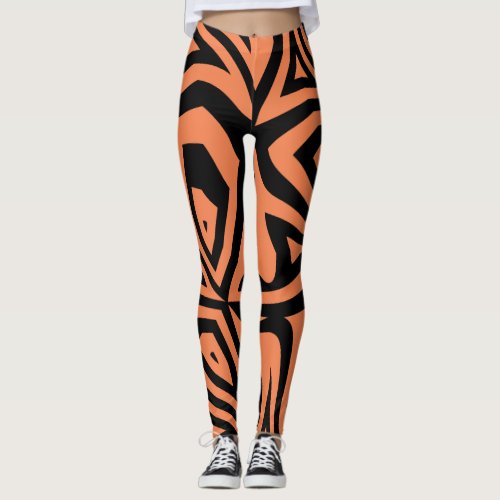 Orange Black Abstract Zebra Print Womens Leggings